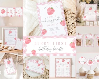 Strawberry First Birthday Bundle: Pink Gingham Invitation, Milestones, Signs (Editable Template 171)