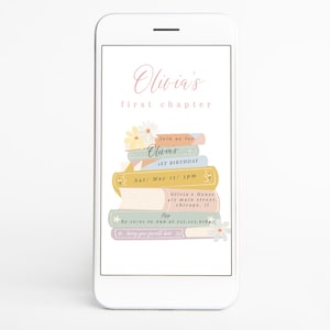 Girl Storybook Birthday Evite, Book Lover Digital Invitation, First Chapter 1st Birthday Smartphone Electronic Invite, Instant Download 343