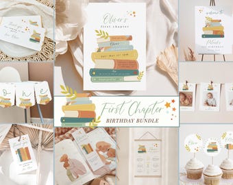 May include: A collection of stationery items with a book theme. Includes invitations, thank you cards, banners, and cupcake toppers. The color palette features soft greens, yellows, and oranges. The text "First Chapter Birthday Bundle" is visible.