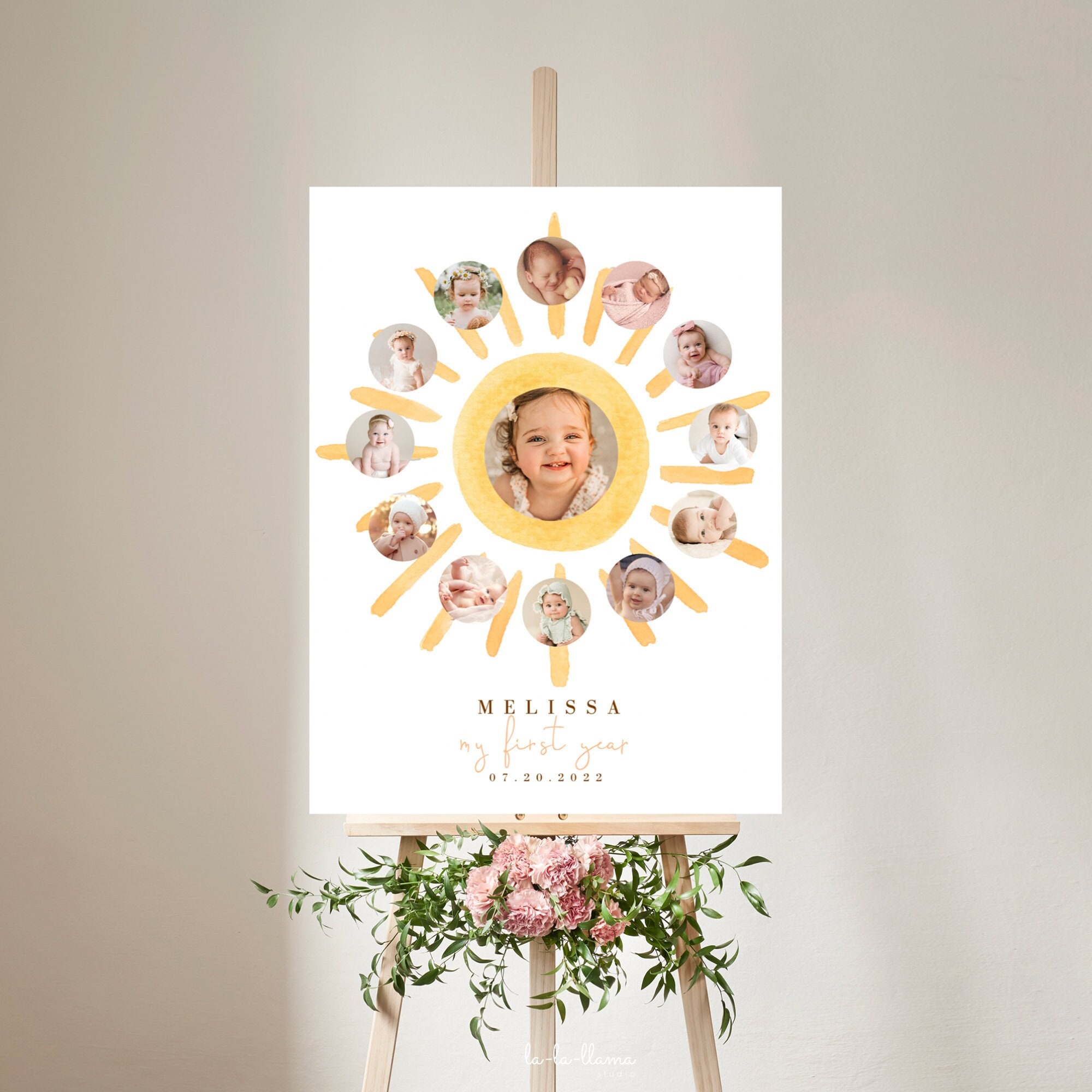 Sun First Year Photo Collage Template, Sunshine 12 months photo wall art, 1st trip around sun year photo milestones, Printable Download 931