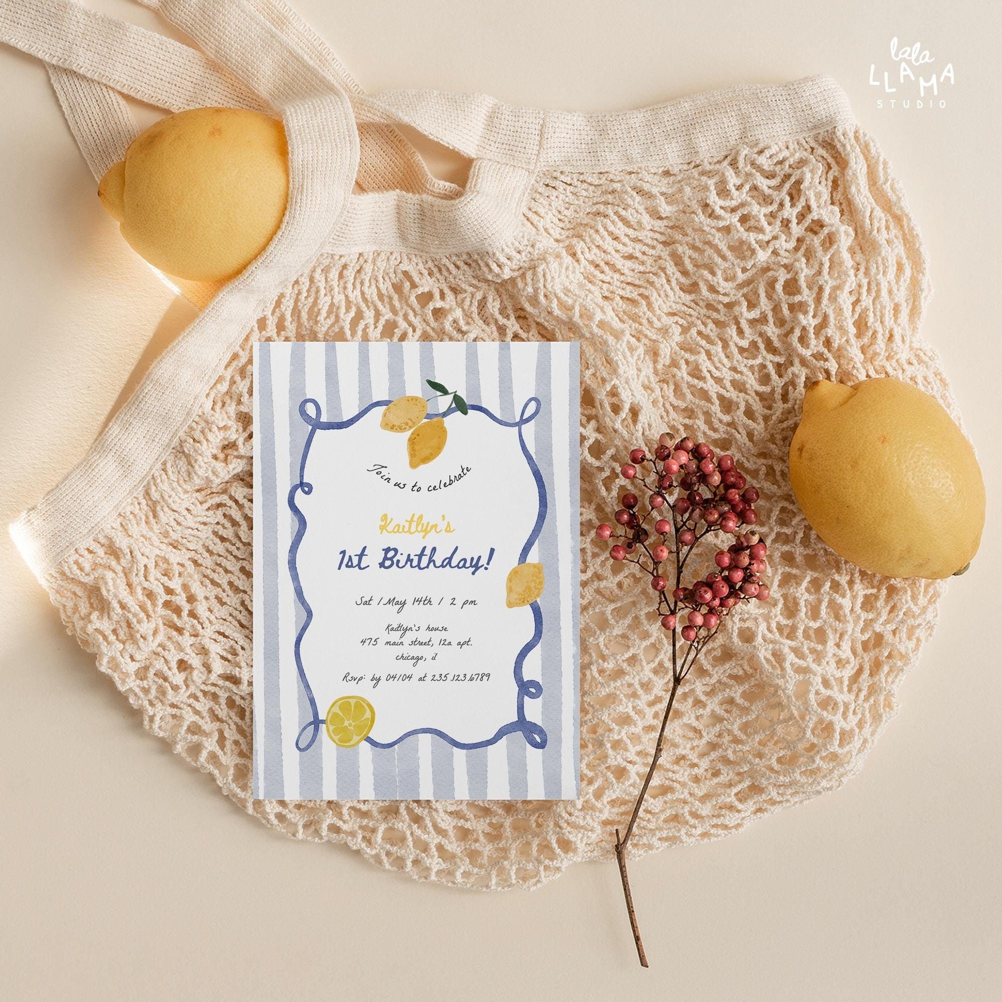 Italian Lemons Birthday Invitation Hand Drawn, Capri Blue Stripes Birthday Invite, Citrus 1st Birthday , Editable Digital Download 097