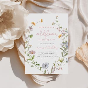 Delicate Wildflower Birthday Invitation Editable, Little Wildflower 1st Birthday Invite, Midsummer Floral Printable Template Download 357