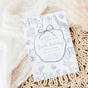 Convite de aniversário Safari Toile De Jouy, Wild One Dusty Blue, convite de 1º aniversário para menino, animais da selva Chinoiserie, download editável 786