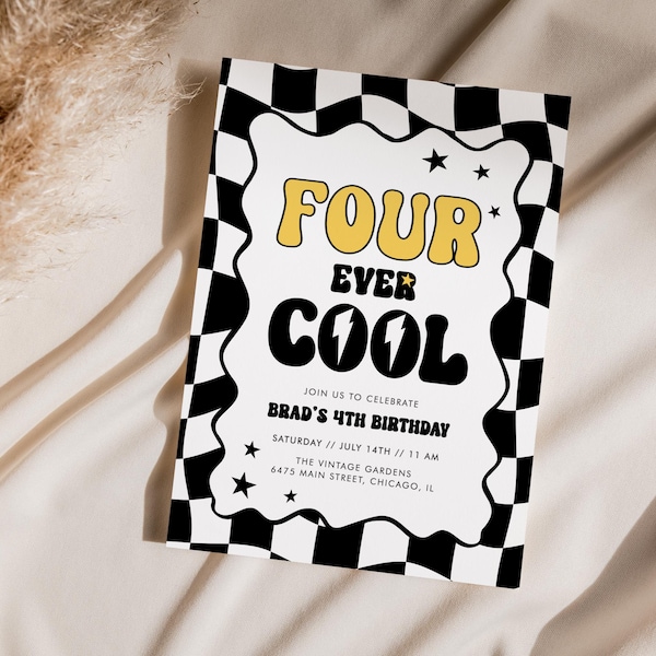 Checkered 4th Birthday Invitation: Four Ever Cool Dude Theme (Digital Template 686)