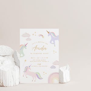 May include: Editable invitation for a unicorn-themed birthday party. The invitation features a purple, pink, and blue unicorn with a rainbow mane and tail. The text on the invitation reads "It's a magical day Amelia is turning five!" and includes the date, time, and location of the party. The invitation also includes instructions on how to edit the text and add your own pictures.