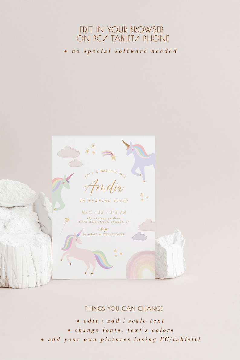 May include: Editable invitation for a unicorn-themed birthday party. The invitation features a purple, pink, and blue unicorn with a rainbow mane and tail. The text on the invitation reads "It's a magical day Amelia is turning five!" and includes the date, time, and location of the party. The invitation also includes instructions on how to edit the text and add your own pictures.