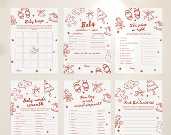May include: A baby shower games and signs bundle featuring six white cards with red line art illustrations of holiday items. The cards include Baby Bingo, Baby Predictions and Advice, The Price is Right, Baby Words Scramble, How Long is Each Animal Pregnant, and First Year Bucket List.