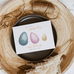 Oster-Schwangerschaftsankündigung bearbeitbar, Frühling Social Media Baby Reveal Pastell, Wir sind EggSpecting, druckbare Kartenvorlage Download
