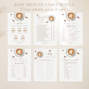 May include: A bundle of six printable baby shower games on white paper. Each game features a coffee cup illustration and text such as "Guess That Baby Food" and "Name That Baby Song". The text "Baby Shower Games Bundle" is at the top.