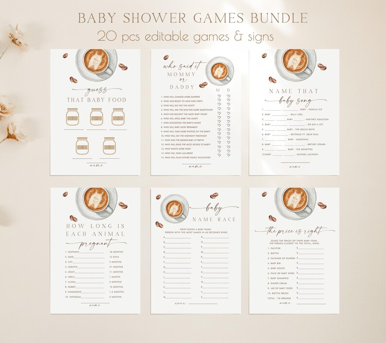 May include: A bundle of six printable baby shower games on white paper. Each game features a coffee cup illustration and text such as "Guess That Baby Food" and "Name That Baby Song". The text "Baby Shower Games Bundle" is at the top.