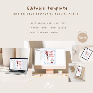 K&ouml;nnte beinhalten: Eine editierbare Vorlage f&uuml;r eine "Dirty Soda Bar" wird auf einem Laptop, Desktop-Computer, Tablet und Telefon angezeigt. Das Design ist rot und blau, mit Kirschen und einer Soda-Grafik. Der Text "Edit on your computer, tablet, phone" ist ebenfalls sichtbar.