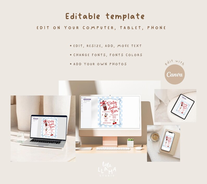 K&ouml;nnte beinhalten: Eine editierbare Vorlage f&uuml;r eine "Dirty Soda Bar" wird auf einem Laptop, Desktop-Computer, Tablet und Telefon angezeigt. Das Design ist rot und blau, mit Kirschen und einer Soda-Grafik. Der Text "Edit on your computer, tablet, phone" ist ebenfalls sichtbar.