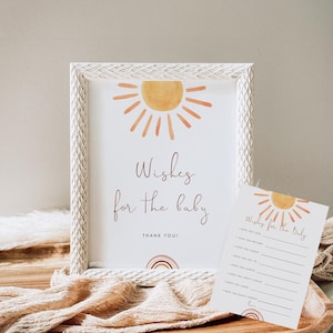 Plantilla editable de deseos de sol boho para bebé, juego de baby shower Sunshine, letrero y tarjetas con deseos de sol para bebé, descarga instantánea 931