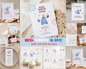 Red White & Due Baby Shower Bundle: 4th July Invitation, Games, Signs (Editable Canva Templates 407)