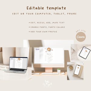 May include: A digital template displayed on a laptop, desktop computer, tablet, and phone. The text reads "Editable template" and "Edit on your computer, tablet, phone." The template is designed with a coffee theme and is edited with Canva.