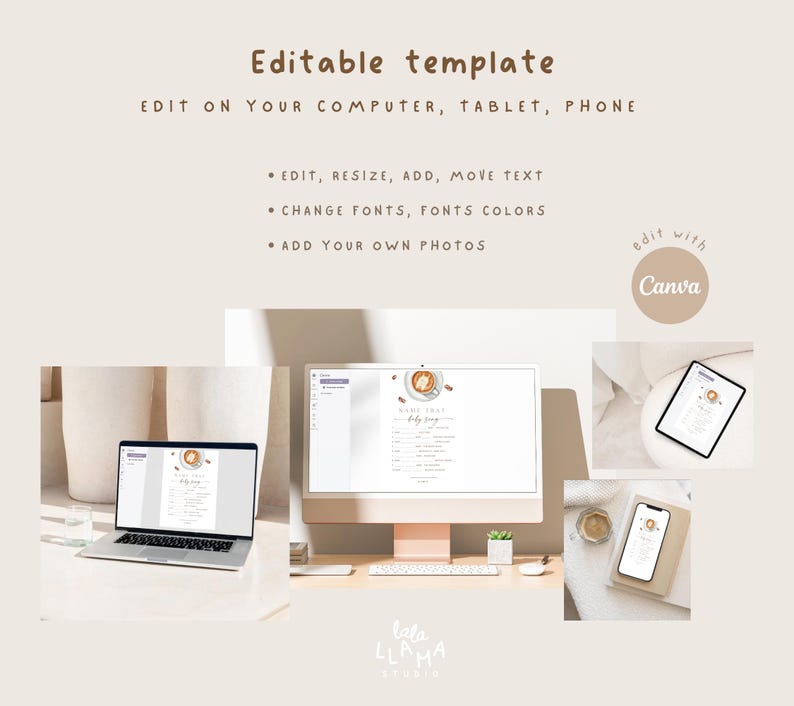 May include: A digital template displayed on a laptop, desktop computer, tablet, and phone. The text reads "Editable template" and "Edit on your computer, tablet, phone." The template is designed with a coffee theme and is edited with Canva.