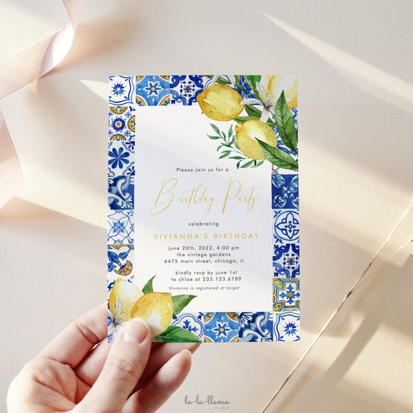 Blue Tiles Lemon Birthday Invitation Template, Positano Birthday Invite, Italian Theme Birthday party, Printable, Digital Download 095