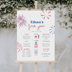 May include: A white sign on an easel with red, white, and blue fireworks illustrations. The sign says "Ethan's first year" and includes details about the child's height (58 cm), weight (8.2 kg), and favourite things.
