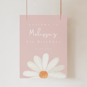 Cartello di benvenuto modificabile per il compleanno della Margherita, poster per il ricevimento della festa della Margherita, cartello di benvenuto floreale rosa per il primo compleanno, modello stampabile Scarica 345