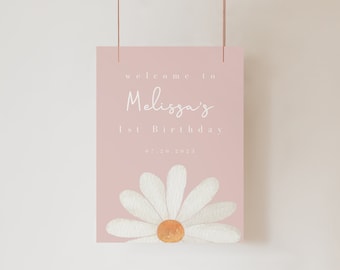Editable Daisy Birthday Welcome Sign, Daisy Party Reception Poster, Pink Floral First Birthday Welcome Sign, Printable Template Download 345