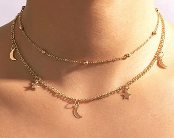 Double Layered Gold Celestial Moon and Star Charm Choker Necklace | Shop Now