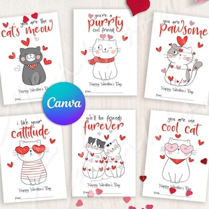 EDITIERBARE Katzen Valentinstagskarten, Klassenzimmer Valentinstagskarten für Kinder, Valentinstag Geschenkanhänger, Sofort Download, #V21