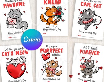 Puede incluir: Seis tarjetas de San Valentín imprimibles con lindos gatos de dibujos animados con juegos de palabras. Las tarjetas son blancas con corazones rojos y texto que dice "Eres un Valentín perfecto", "Valentín, eres el maullido del gato", "Amigo, eres un gato genial", "Valentín, eres todo lo que necesito", "Seremos amigos para siempre", y "Valentín, eres increíble".