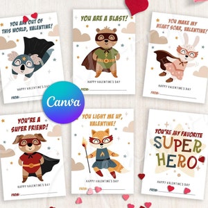Cartões de Dia dos Namorados de super-heróis animais EDITÁVEIS, Cartões de Dia dos Namorados para crianças em sala de aula, Etiquetas de presente para o Dia dos Namorados, Download instantâneo, #V21
