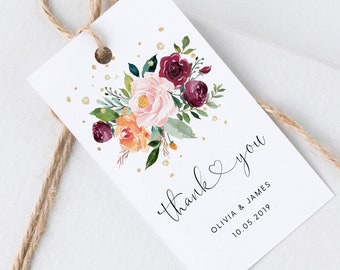 Burgundy Floral Thank You Wedding Favor Tag with Bohemian Greenery • INSTANT DOWNLOAD • Editable, Printable, Templett, Template