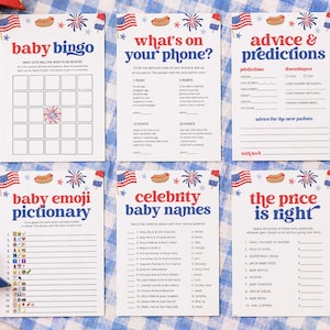 May include: A collection of baby shower game cards with patriotic themes. The cards include games like "Baby Bingo," "What's on Your Phone?" and "Celebrity Baby Names." The cards are decorated with American flags, fireworks, and hot dogs.