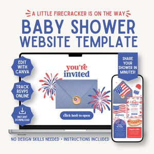 May include: A laptop and smartphone display a baby shower website template. The laptop screen shows a blue envelope with the text "you're invited" and fireworks. The smartphone displays registry and diaper raffle information. Text includes "Baby Shower Website Template".