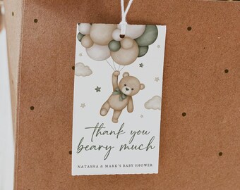Etichetta per bomboniere per baby shower We Can Bearly Wait, modello stampabile per etichetta per bomboniere per baby shower con palloncino e orsetto, etichetta di ringraziamento per baby shower, Templett, #15B