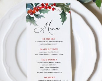 Christmas Menu, Christmas Menu Card Template, Holiday Menu Printable, Holly Berry Christmas Dinner Menu, Instant Download, Templett