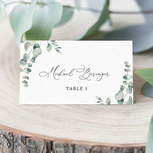 Greenery Wedding Place Cards Template, Printable Wedding Flat & Folded Place Cards, Editable Place Cards with Meal Options Escort Card, #007