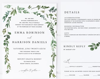 Greenery Wedding Invitation Template, Greenery Wedding Printable Invitation Set, Bohemian Wedding Invitation Suite Instant Download