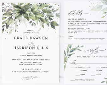 Greenery Wedding Invitation Template Suite, Boho Wedding Invitation Template Set, Printable Wedding Invitation Suite, Instant Download