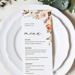Plantilla de menú de boda de otoño, tarjetas de menú de boda de otoño, menú de boda imprimible, descarga de tarjeta de menú de boda, Templett, #010