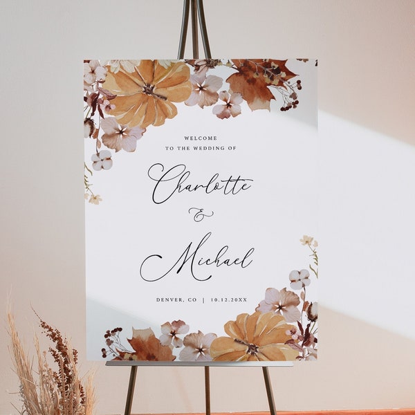 Rustic Fall Wedding Welcome Sign Template (18x24" & 24x36"), Autumn Wedding Welcome Sign Printable, Editable Wedding Welcome Sign, #028