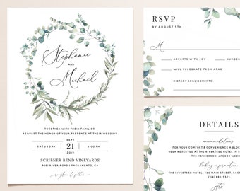 Boho Wedding Invitation Template, Eucalyptus Greenery Wedding Invitation Suite, Printable Wedding Invitation Set Download Templett, #007