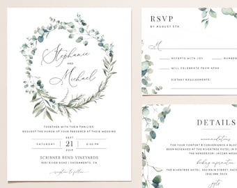 Boho Wedding Invitation Template, Eucalyptus Greenery Wedding Invitation Suite, Printable Wedding Invitation Set Download Templett, #007