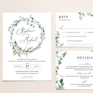 Boho Wedding Invitation Template, Eucalyptus Greenery Wedding Invitation Suite, Printable Wedding Invitation Set Download Templett, 007 image 1