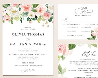 Blush Rose Wedding Invitation Template Set, Blush Pink Floral Wedding Invitation Suite, Printable Wedding Invitation Template Download, #013