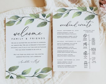 Greenery Wedding Welcome Bag Note & Timeline Template, Printable Wedding Weekend Timeline, Wedding Order of Events Download, Templett, #005