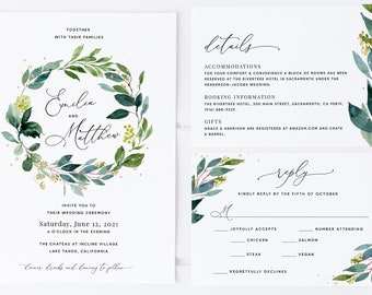 Greenery Wedding Invitation Template Suite, Printable Wedding Invitation Set, Boho Wedding Invitation Suite Download, Templett, #011