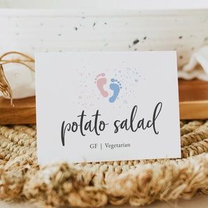 Modello di carte per buffet per feste di rivelazione di genere, etichette alimentari stampabili per baby shower, etichette alimentari a buffet modificabili, download istantaneo, Templett, #GR1