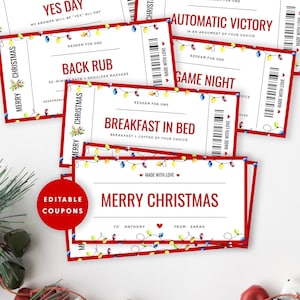 Printable Christmas Coupon Book, Editable Christmas Coupons, Christmas Coupons for Kids, Christmas Gift for Her, Gift for Him, Templett