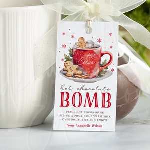 Printable Hot Chocolate Bomb Tag, Hot Cocoa Bomb Gift Tag Template, Editable Holiday Hot Chocolate Tag, Christmas Gift Tag, Templett