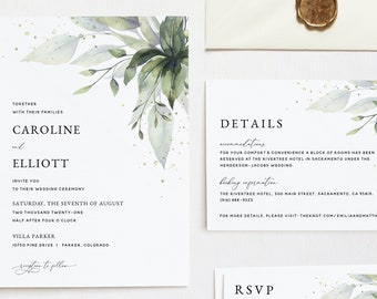 Boho Wedding Invitation Template Suite, Greenery Wedding Invitation Template Set, Printable Wedding Invitation Suite, Instant Download