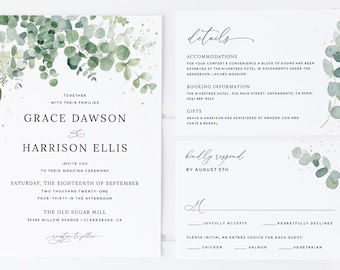 Greenery /& Gold Hearts Wedding Invitation Suite Template Printable Heart Font Invite Set Instant Download #EHF Eucalyptus RSVP Details