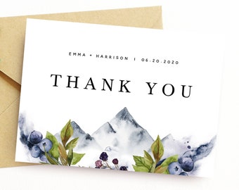 Plantilla de tarjeta de agradecimiento doblada de montaña, tarjeta de nota de agradecimiento de boda rústica, descarga de tarjeta de agradecimiento de boda imprimible, #009